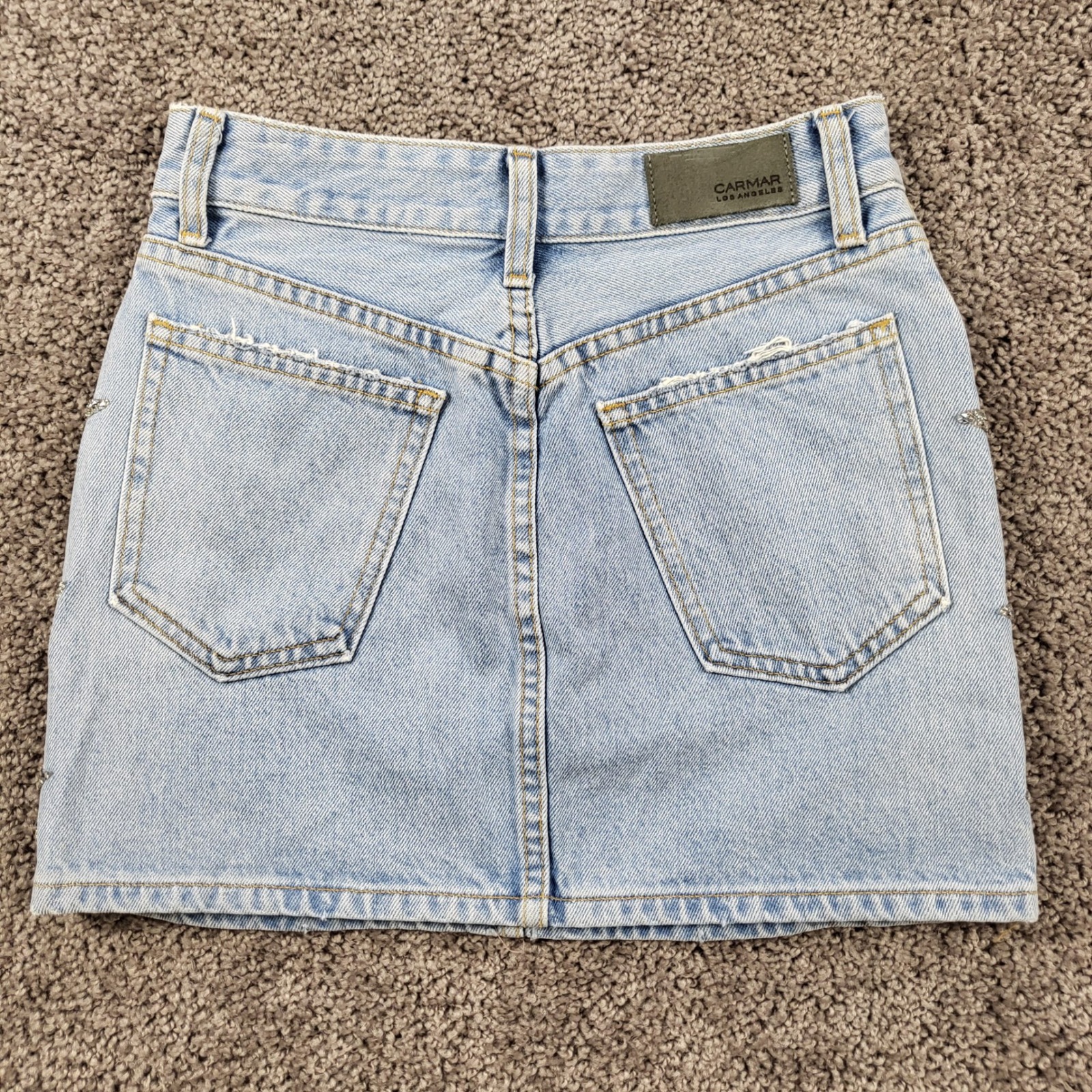 Carmar Denim Colin Star Rhinestone Distressed Mini Skirt Light Wash Size 24 New — image 3 of 8